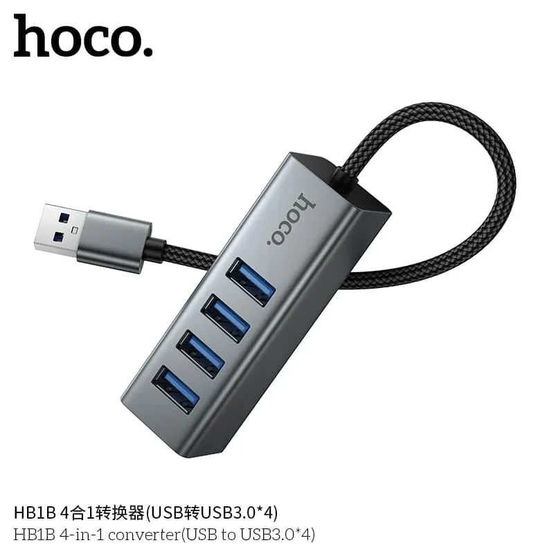 Hoco HB1B 4-in-1 USB Hub (USB to USB3.0*4) for Laptops & Office Connectivity with Powerful Charging